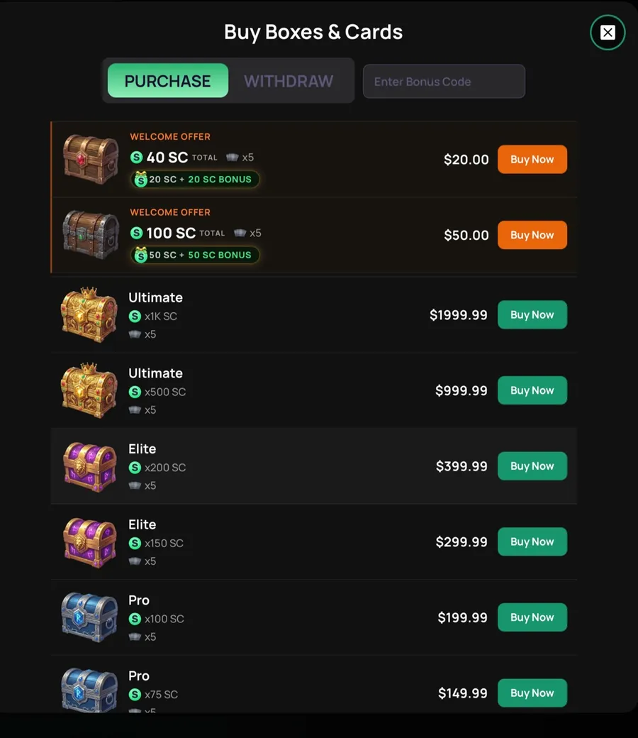 ZumbaCards Buy Boxes and Cards store with Purchase and Withdraw tabs and a bonus code field
