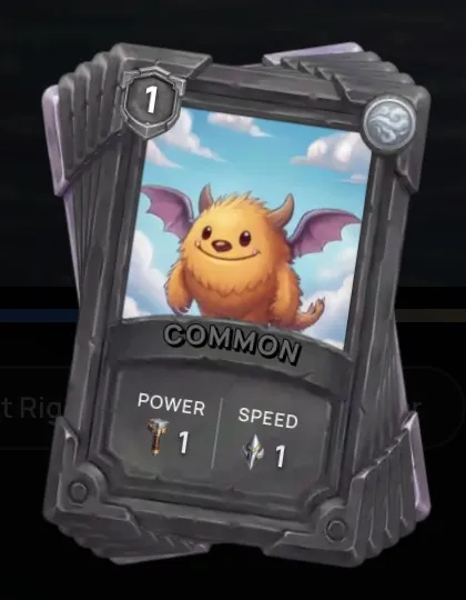 ZumbaCards welcome card screen showing a level 1 Common card with Power 1 and Speed 1