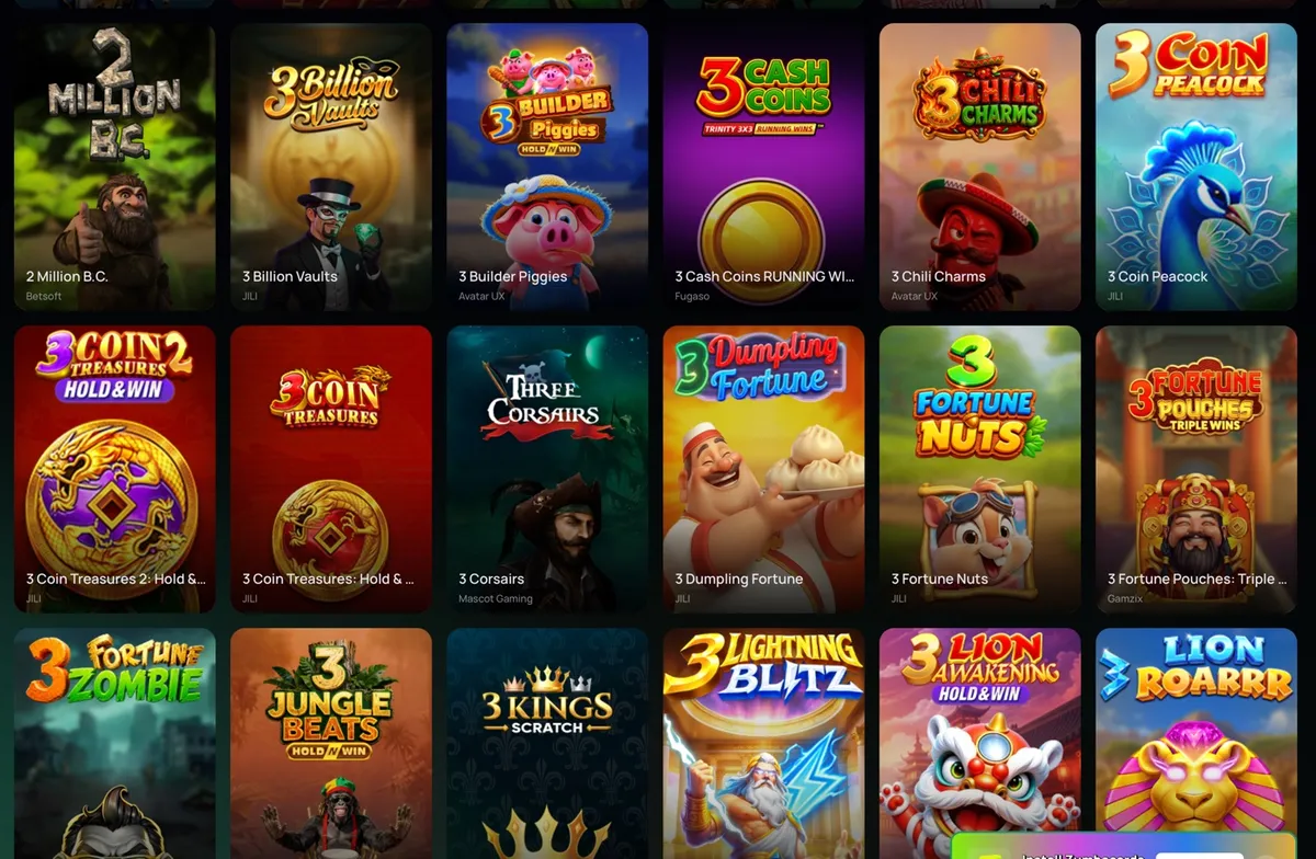 ZumbaCards All Games grid with JILI, Avatar UX, Fugaso and Betsoft slot tiles