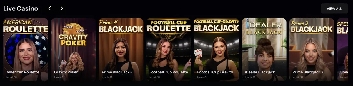 ZumbaCards Live Casino row with Iconic21 American Roulette, Prime Blackjack and Gravity Poker tables