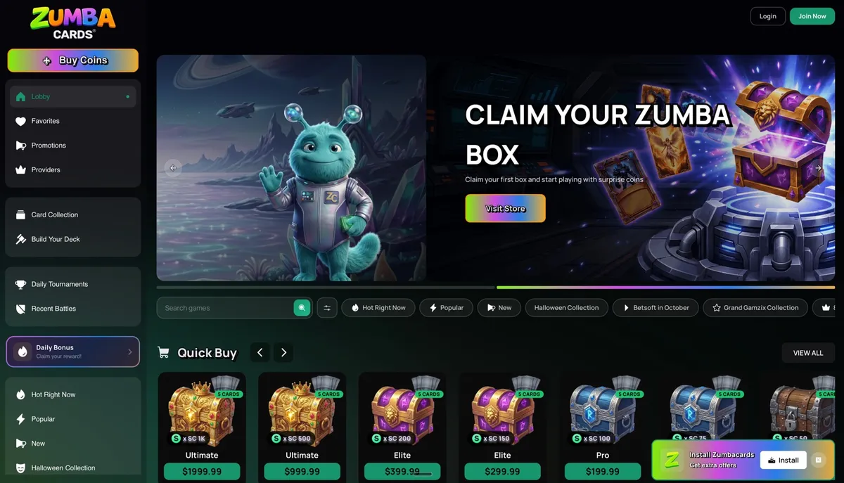 ZumbaCards lobby with sidebar links for Card Collection, Build Your Deck and Daily Tournaments