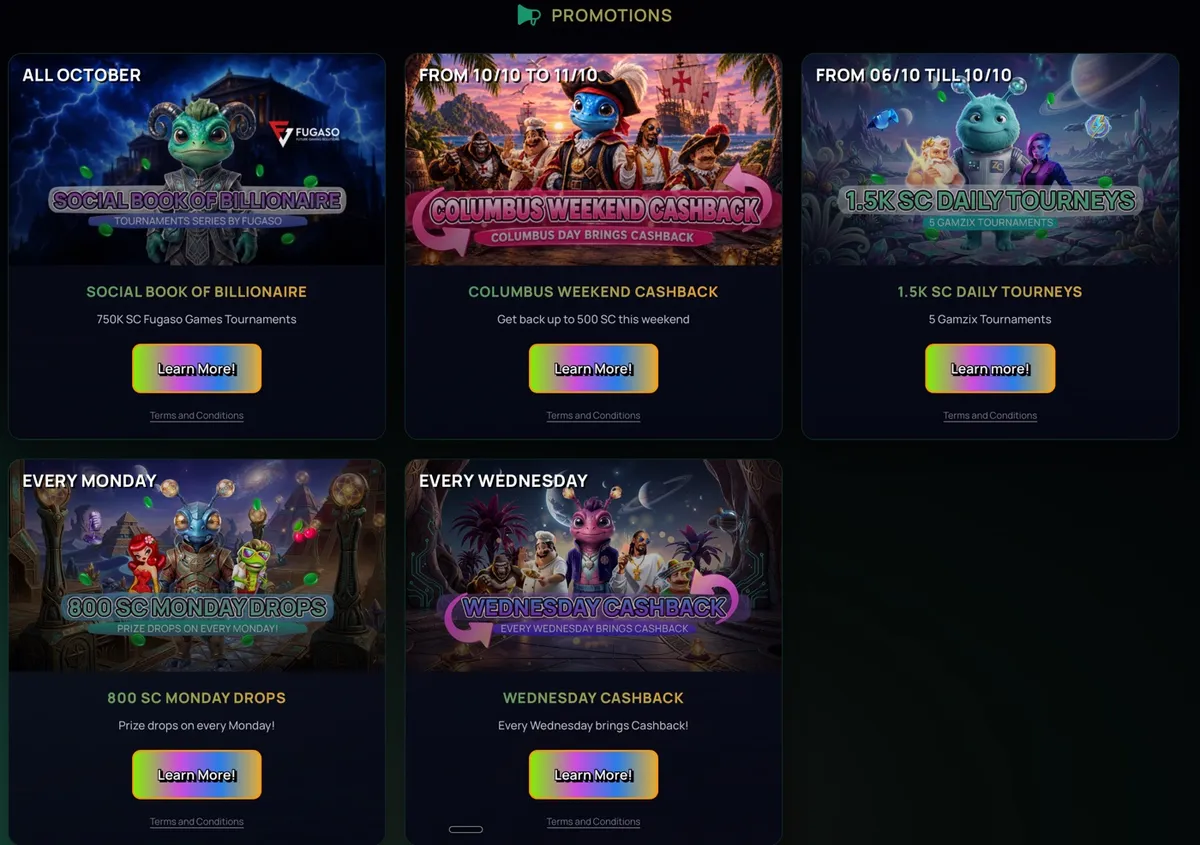 ZumbaCards Promotions page with Social Book of Billionaire, Columbus Weekend Cashback, Monday Drops and Wednesday Cashback