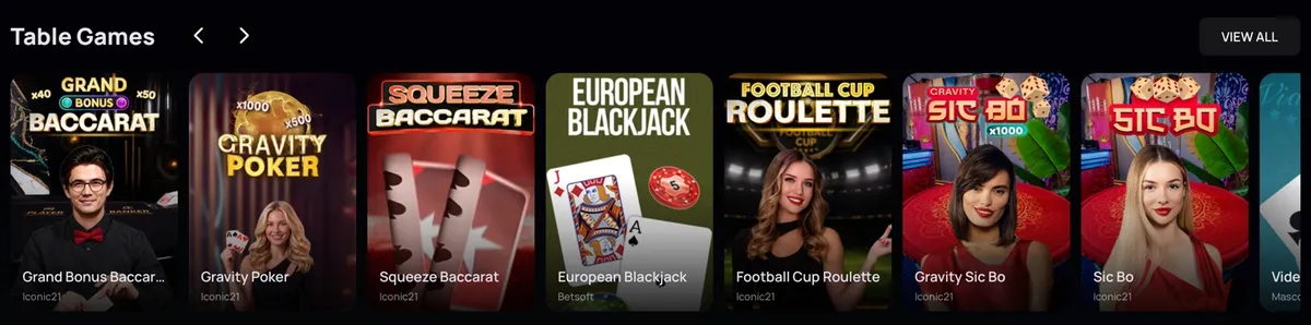 ZumbaCards Table Games row with Grand Bonus Baccarat, Squeeze Baccarat, European Blackjack and Sic Bo