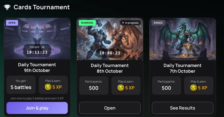 ZumbaCards Cards Tournament row with open, running and ended daily tournaments of 500 participants