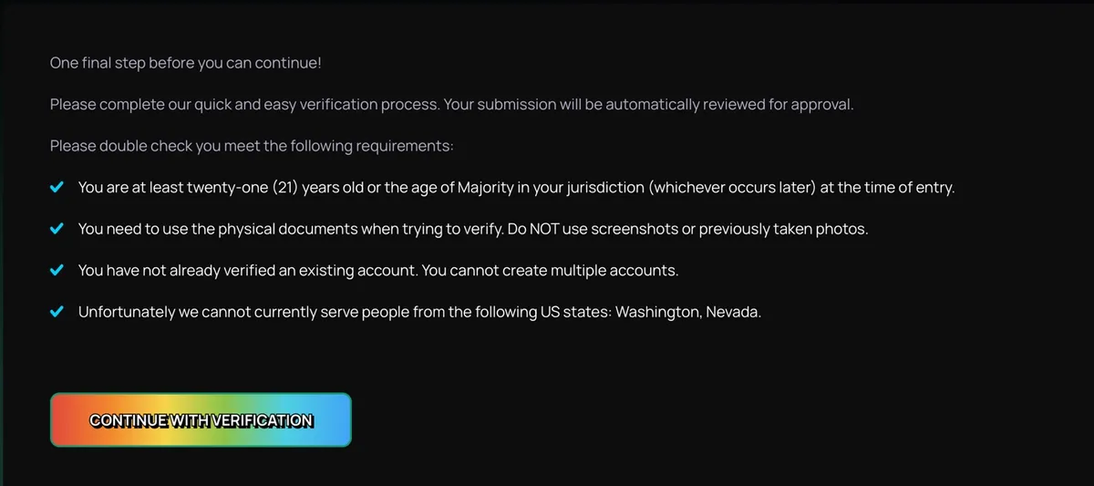 The ZumbaCards verification requirements screen: at least 21 years old, physical documents only with no screenshots or previously taken photos, no existing verified account, and not available in Washington or Nevada.